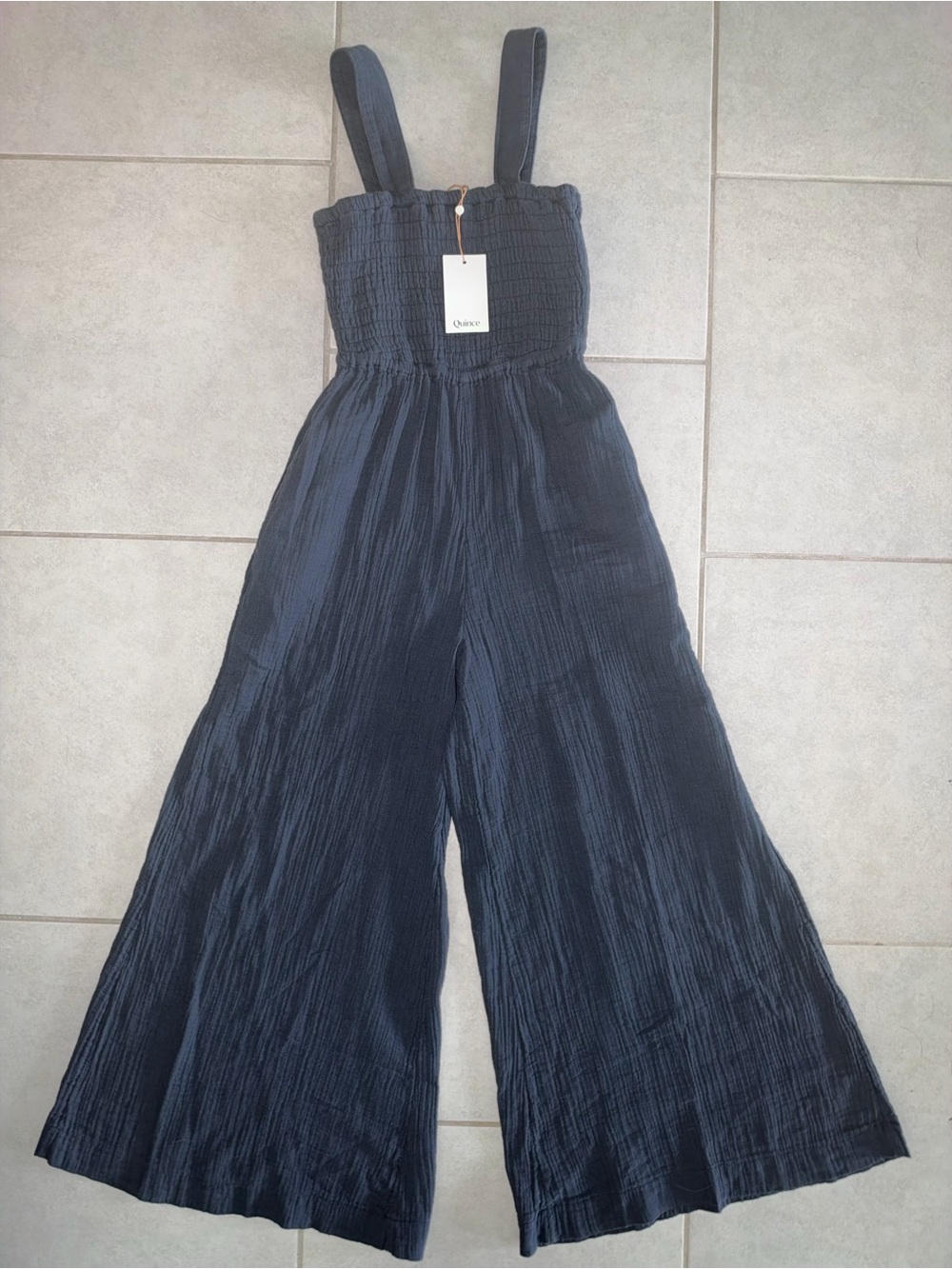 NWT Quince Navy Smocked Wide-Leg Jumpsuit 100% organic cotton